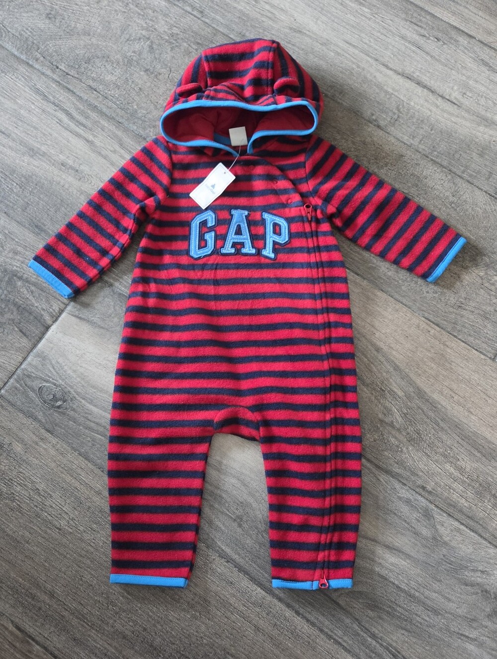 GAP Baby NWT 6-9 Months Red and Blue Striped Fleece One-Piece Romper